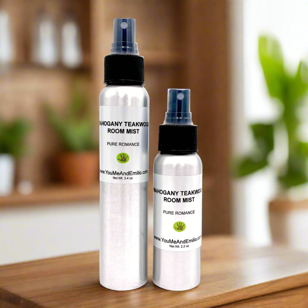 A close-up image of the Mahogany Teakwood Room Mist bottle, highlighting its sleek, minimalist design with a fine mist sprayer, emphasizing its high-quality, luxurious fragrance blend.
