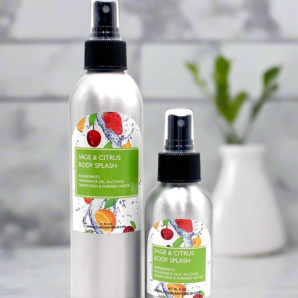 Experience the invigorating Sage & Citrus Body Splash—a rejuvenating mist that combines refreshing citrus with calming sage. 