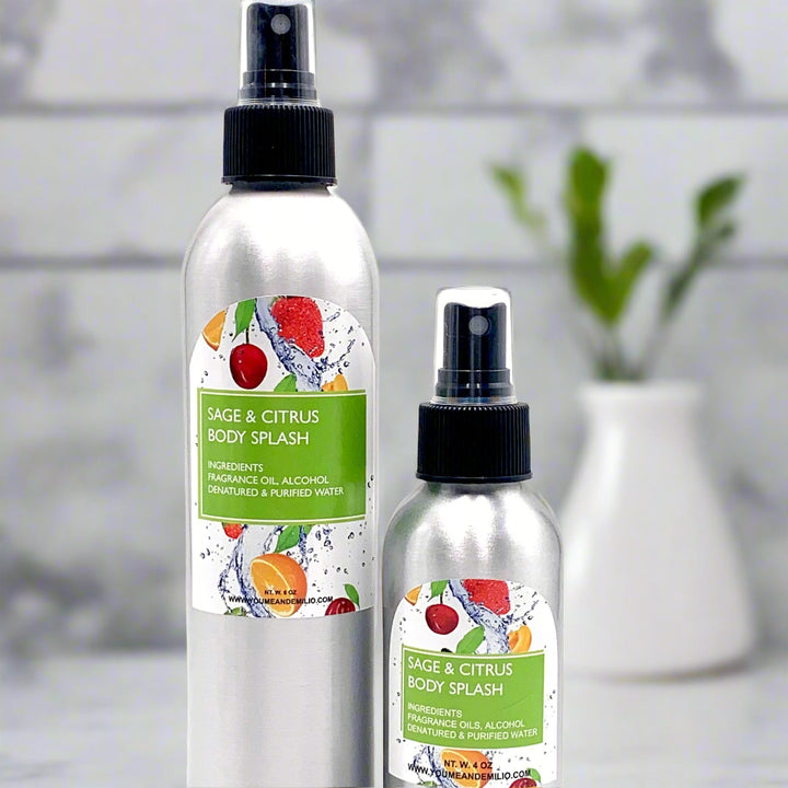 Experience the invigorating Sage & Citrus Body Splash—a rejuvenating mist that combines refreshing citrus with calming sage. 