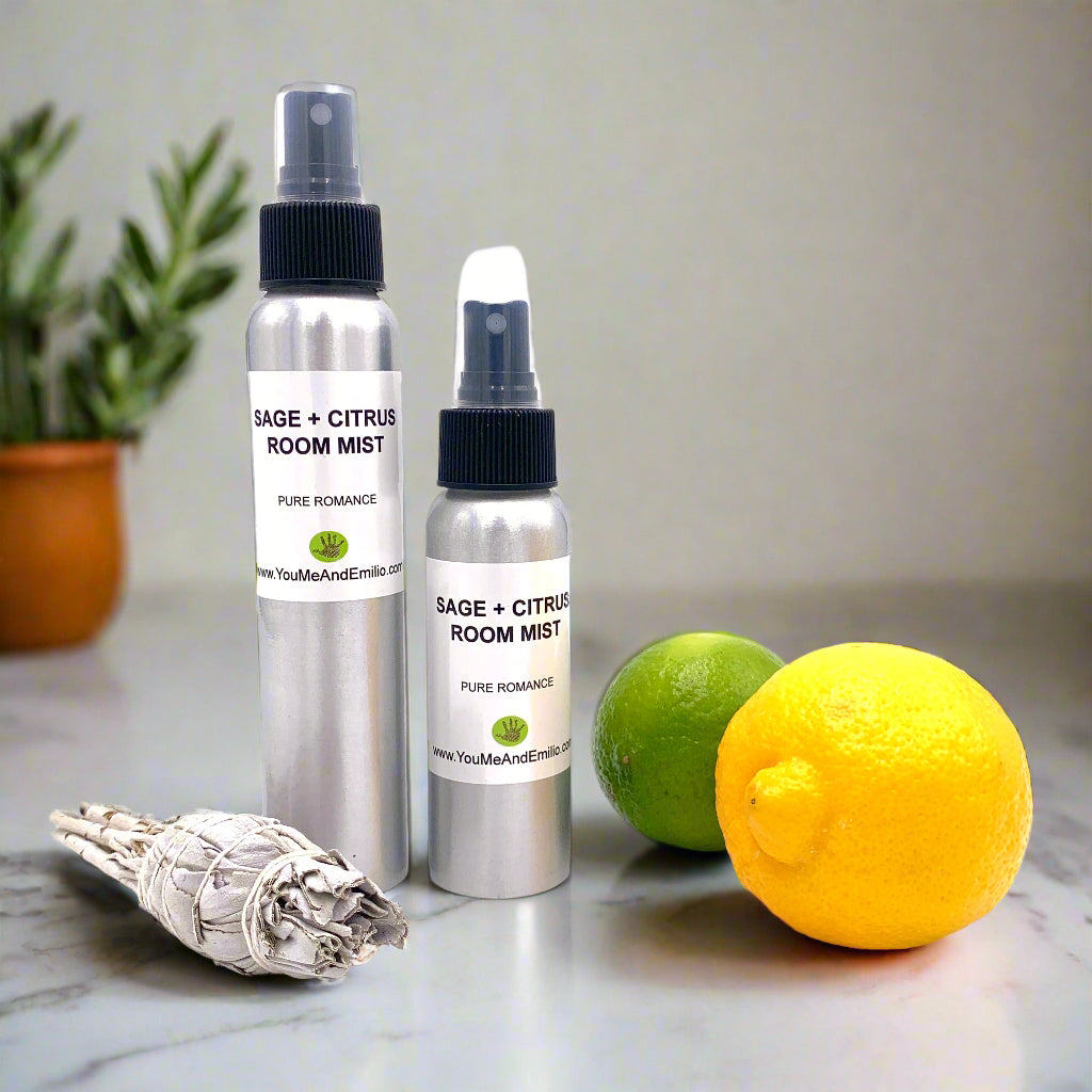 Sage & Citrus Room Mist in a sleek bottle, designed to refresh and purify your space with a soothing blend of sage and uplifting citrus.