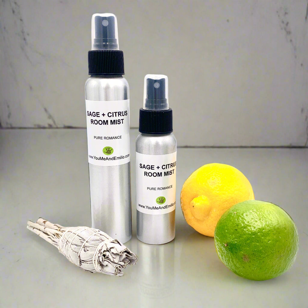 Handmade Sage & Citrus Room Mist, a natural air freshener that eliminates odors and promotes relaxation with a revitalizing aroma.