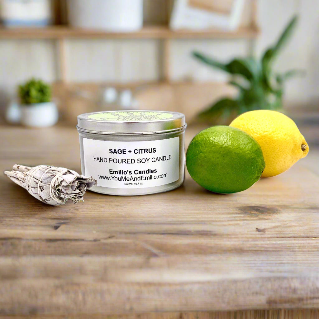 Eco-friendly soy candle with a minimalist label, featuring botanical sage and citrus illustrations.