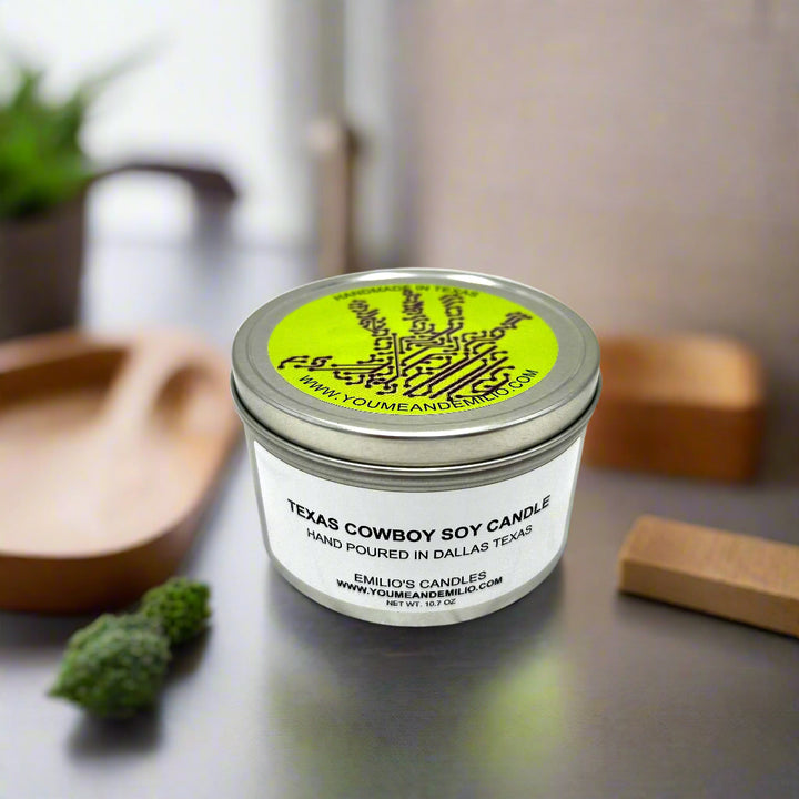 Let the bold aroma of leather transport you to a world of Texas charm and timeless elegance with our Texas Cowboy Soy Candle.