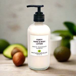 forty hand and body lotion made out of avocado, jojoba, and almond oils. 