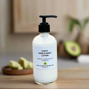 forty hand and body lotion made out of avocado, jojoba, and almond oils. 